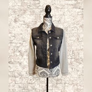 Love Tree Denim Faded Black Denim Cropped Jacket With Gray Cotton Sleeves SZ S